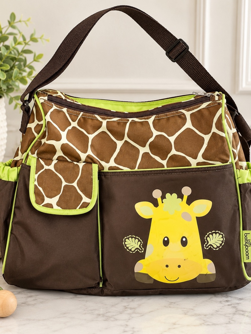 Baby Boom Giraffe Diaper Bag Brown Green Animal Print Shoulder Tote